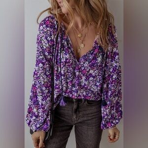 Purple Boho Flower Split V Neck Bubble Sleeve Blouse Brand New in Packaging